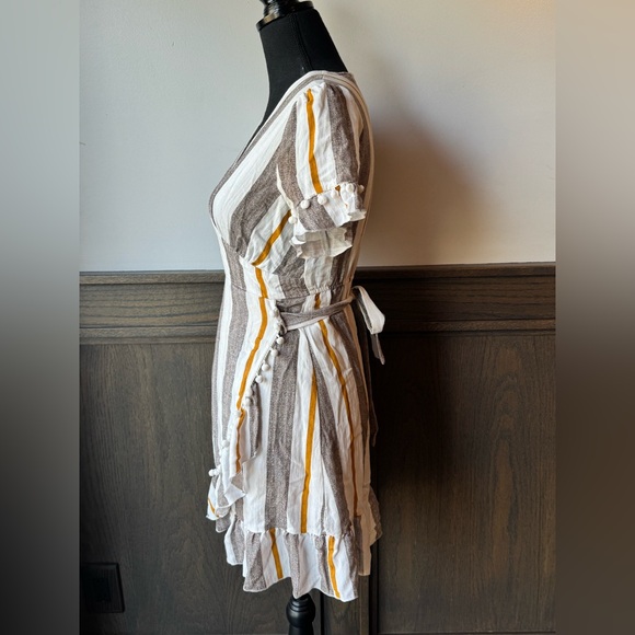 Simplee Apparel Striped Wrap Mini Dress - White, Brown & Mustard - Picture 3 of 8